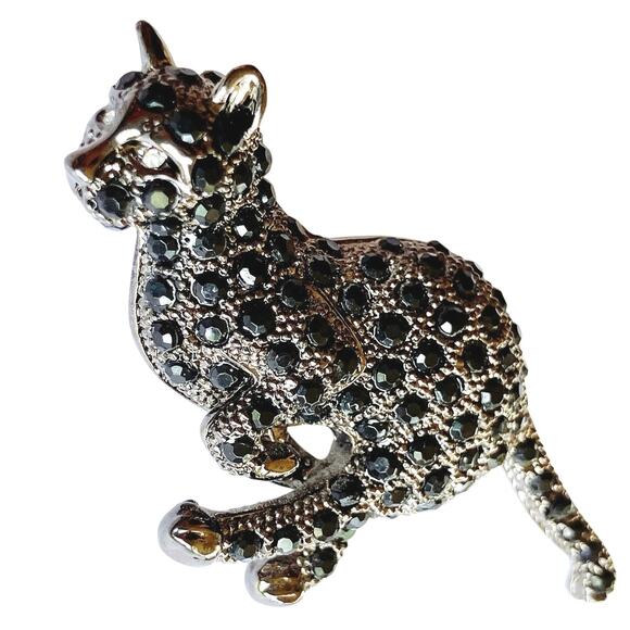 Black Rhinestone Brooch Figural Running Cat Silver Tone Sparkly Costume Jewelry - Picture 5 of 10